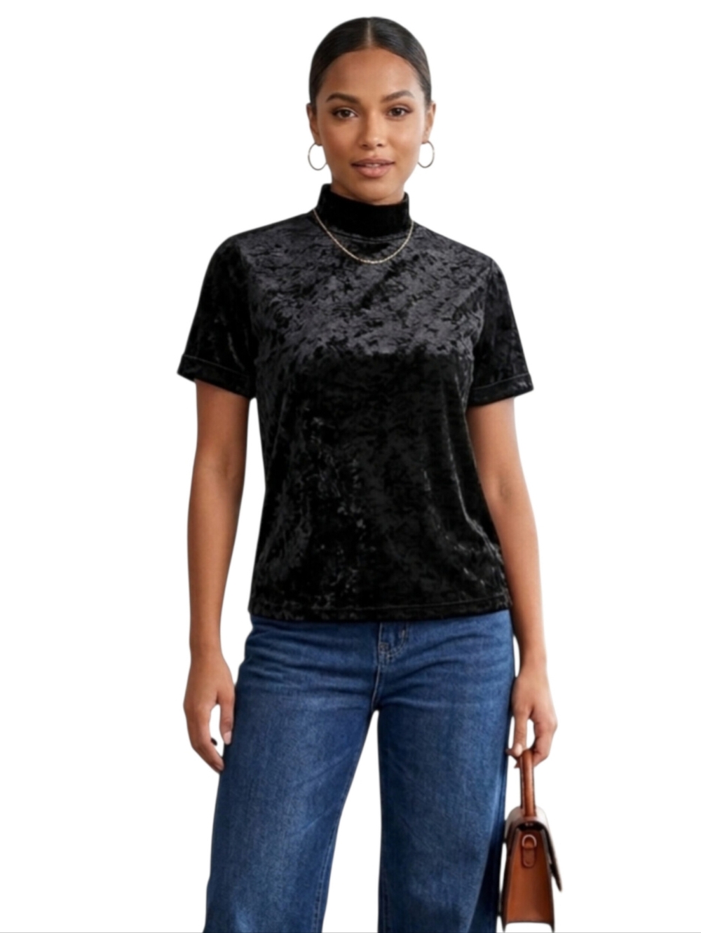 Vintage 90's Pierre Cardin Black Crushed Velvet Mock Neck Top Retro Petite P/M